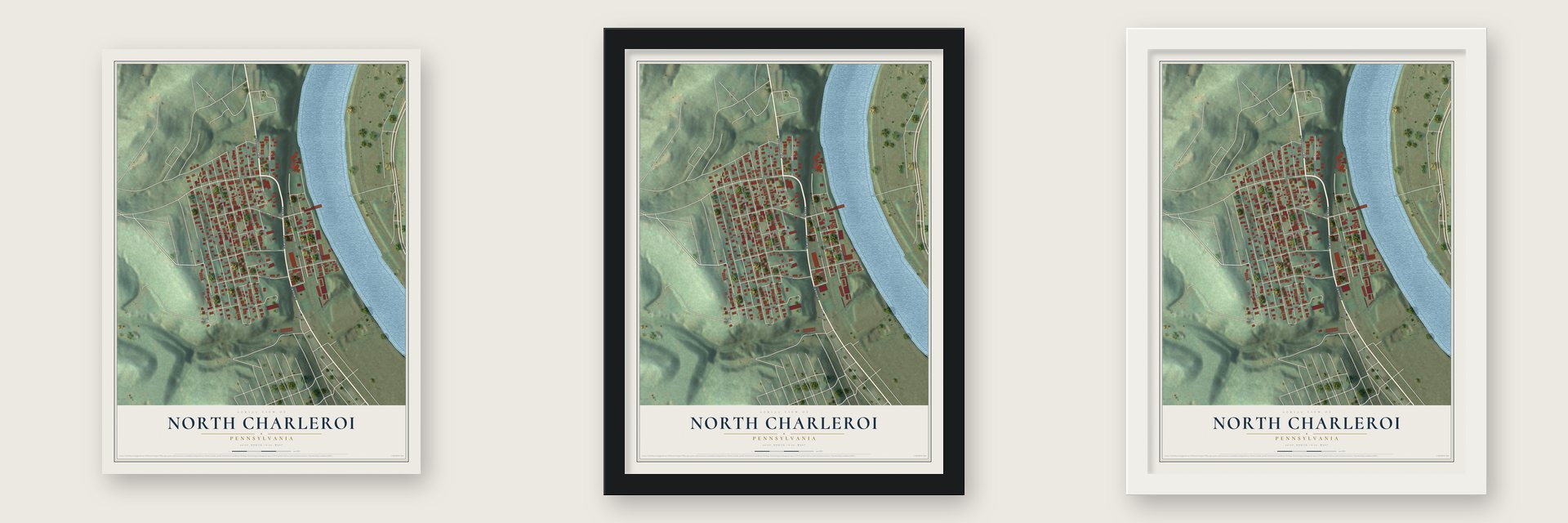 North Charleroi, Pennsylvania map unframed, in a black wood frame and in a white wood frame