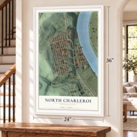 North Charleroi, Pennsylvania map, 24 x 36 inch print in a white frame by a staircase
