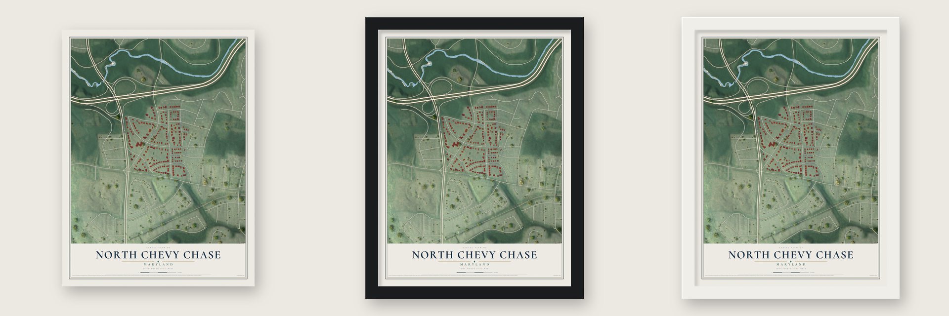 North Chevy Chase, Maryland map unframed, in a black wood frame and in a white wood frame