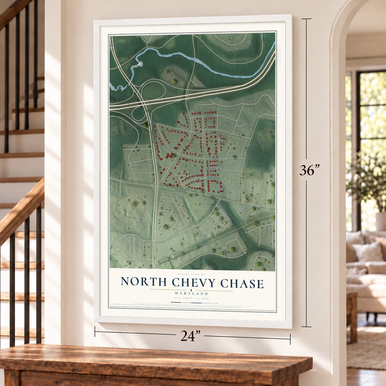 North Chevy Chase, Maryland map, 24 x 36 inch print in a white frame by a staircase