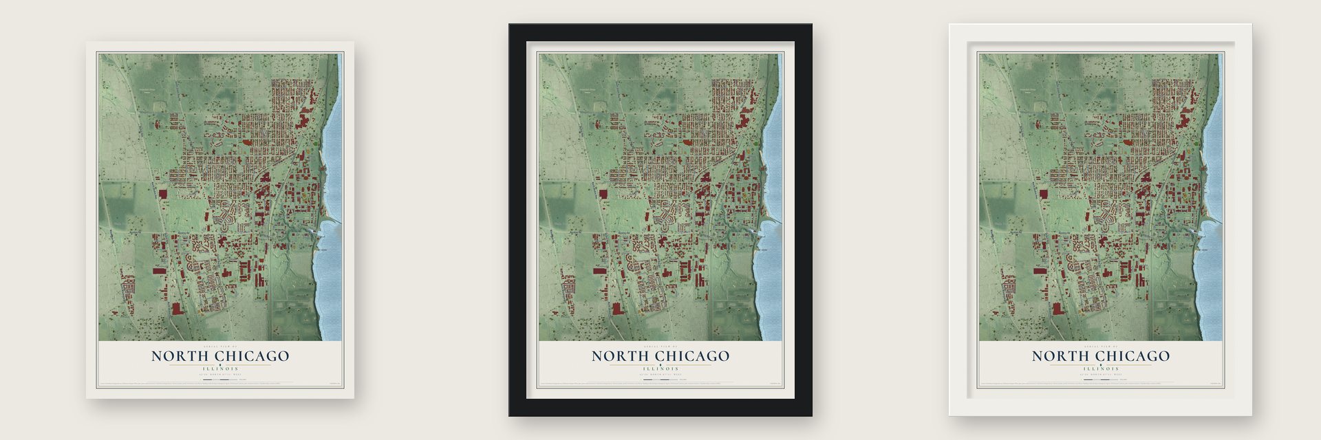 North Chicago, Illinois map unframed, in a black wood frame and in a white wood frame