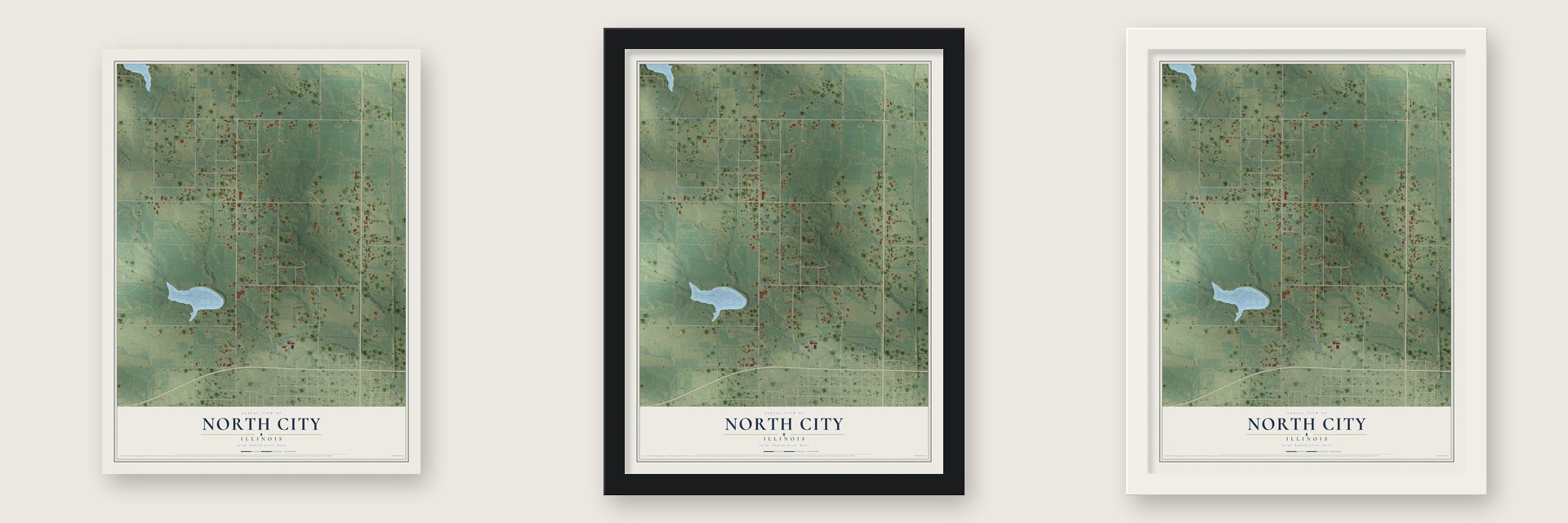 North City, Illinois map unframed, in a black wood frame and in a white wood frame