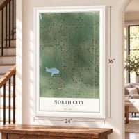 North City, Illinois map, 24 x 36 inch print in a white frame by a staircase