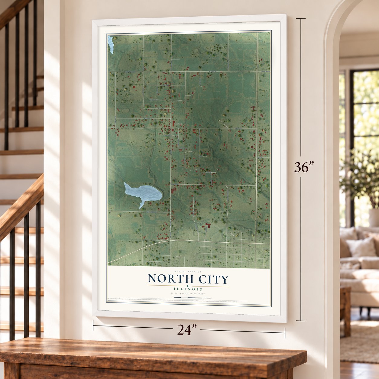 North City, Illinois map, 24 x 36 inch print in a white frame by a staircase