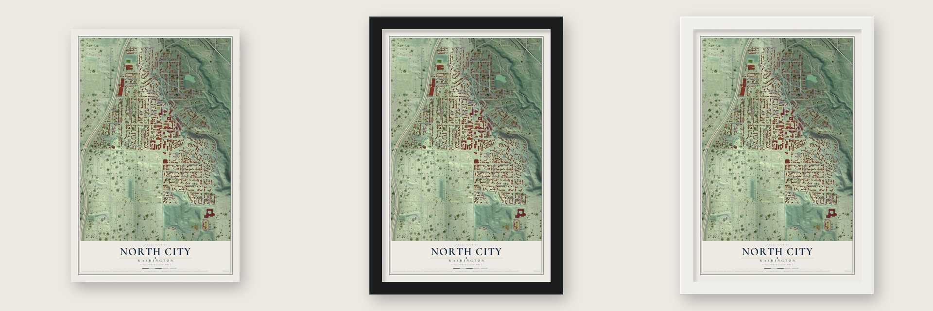 North City, Washington map unframed, in a black wood frame and in a white wood frame