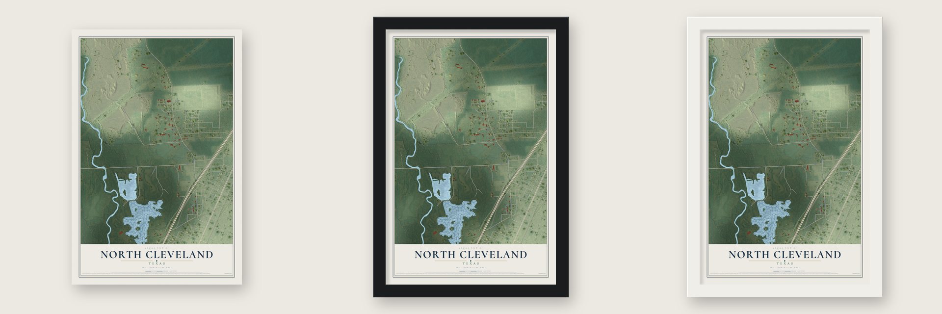 North Cleveland, Texas map unframed, in a black wood frame and in a white wood frame