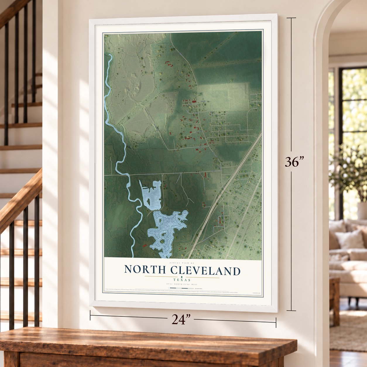 North Cleveland, Texas map, 24 x 36 inch print in a white frame by a staircase