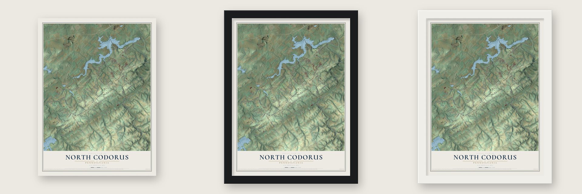 North Codorus, Pennsylvania map unframed, in a black wood frame and in a white wood frame