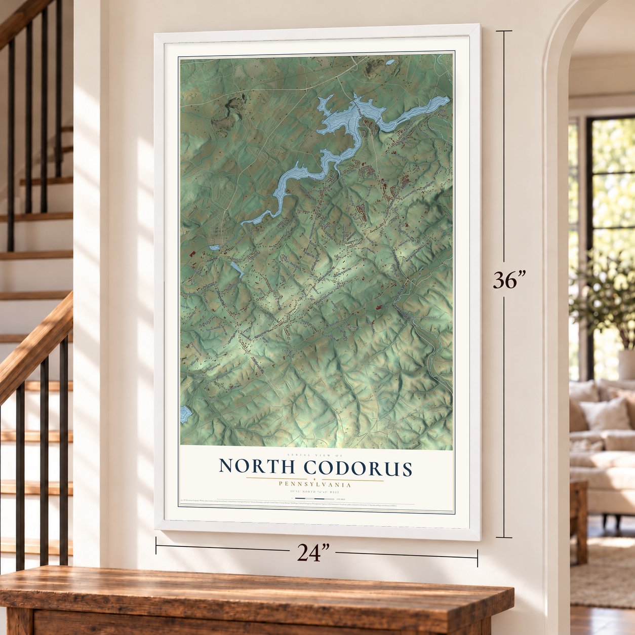 North Codorus, Pennsylvania map, 24 x 36 inch print in a white frame by a staircase