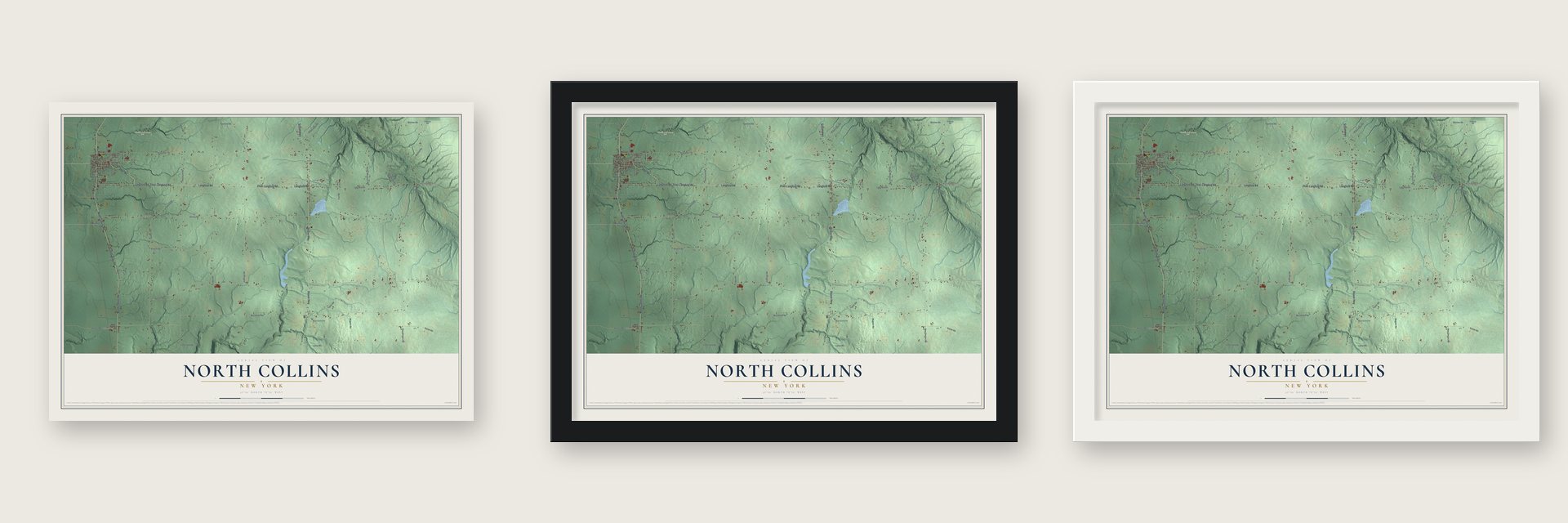 North Collins, New York map unframed, in a black wood frame and in a white wood frame