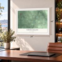 North Collins, New York map, 18 x 24 inch print in a white frame in a home office