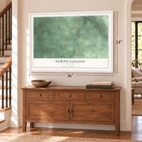 North Collins, New York map, 24 x 36 inch print in a white frame above a dresser by a staircase