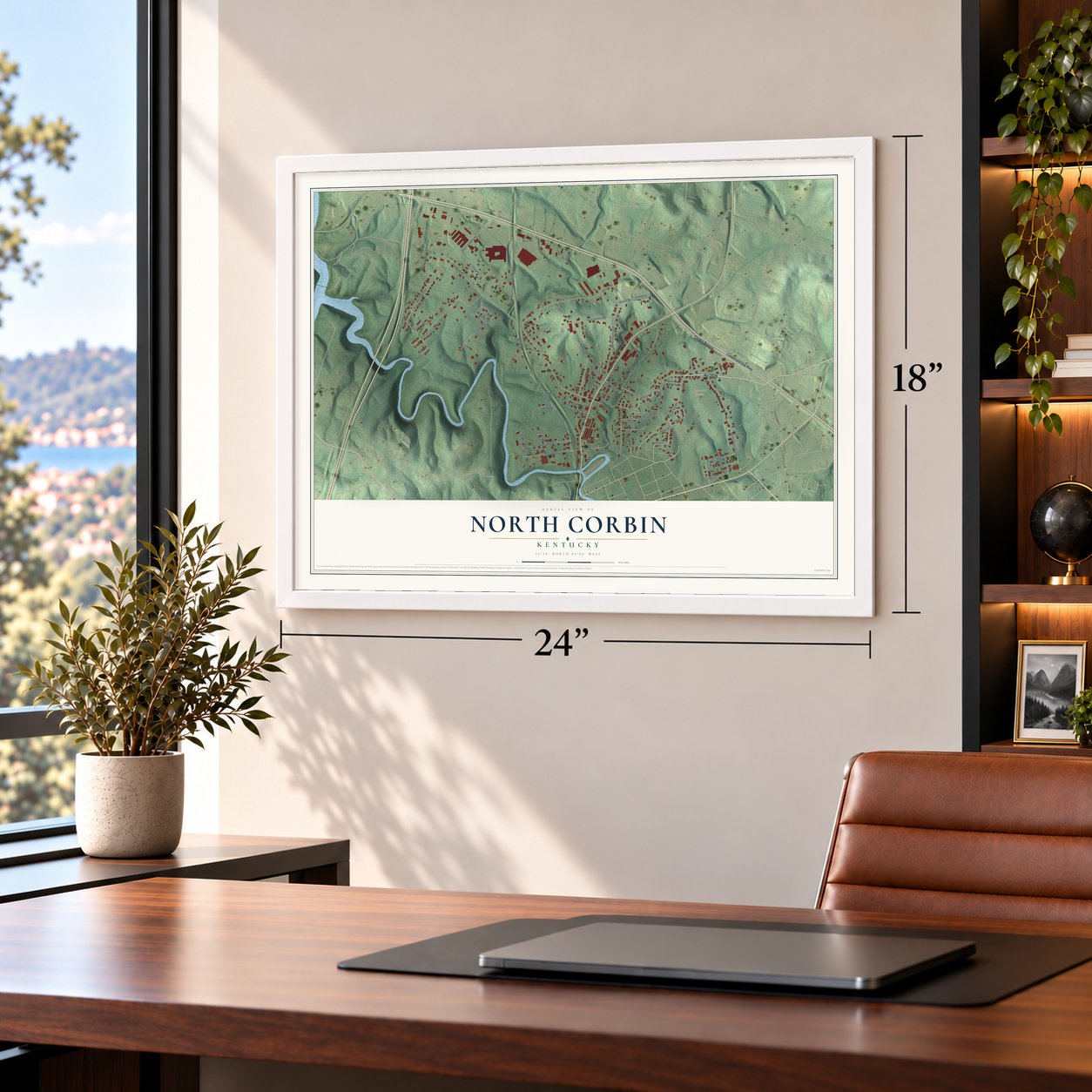 North Corbin, Kentucky map, 18 x 24 inch print in a white frame in a home office