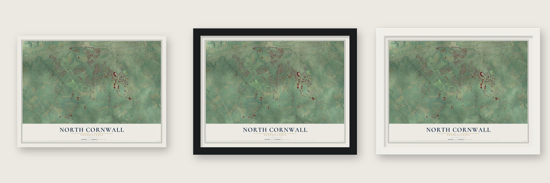 North Cornwall, Pennsylvania map unframed, in a black wood frame and in a white wood frame