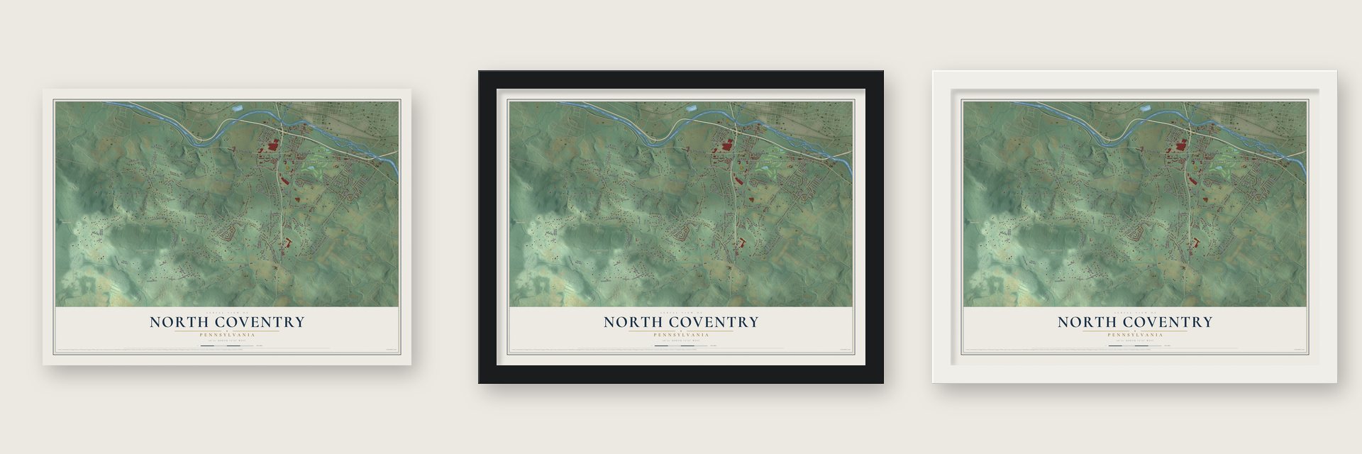 North Coventry, Pennsylvania map unframed, in a black wood frame and in a white wood frame