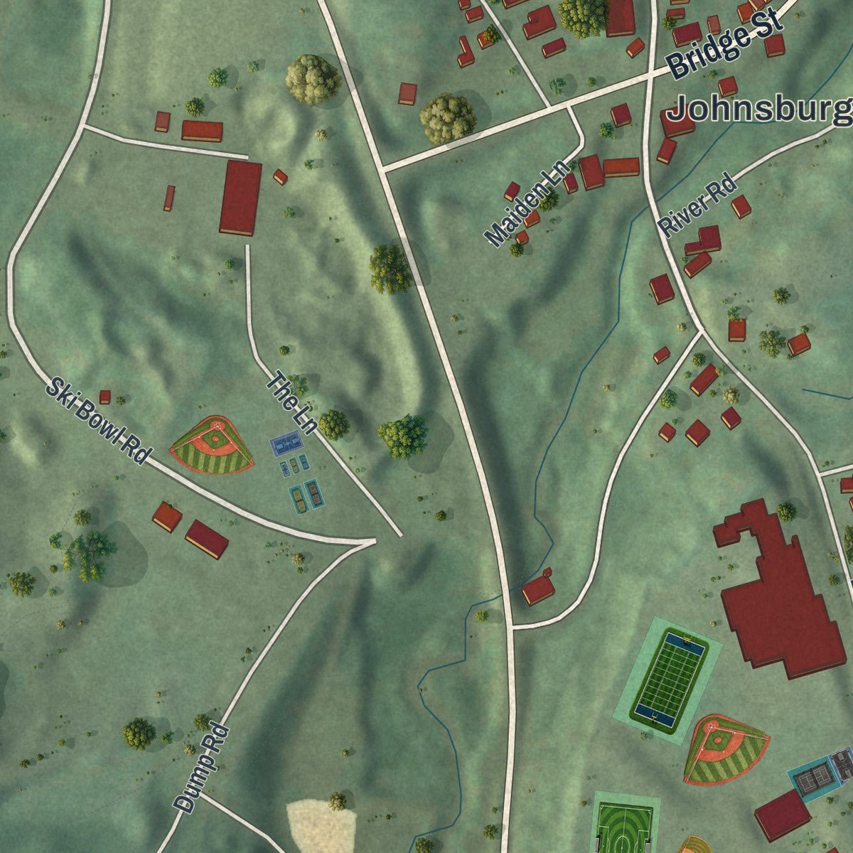 Second close-up of the map of North Creek, New York print showing more streets and buildings