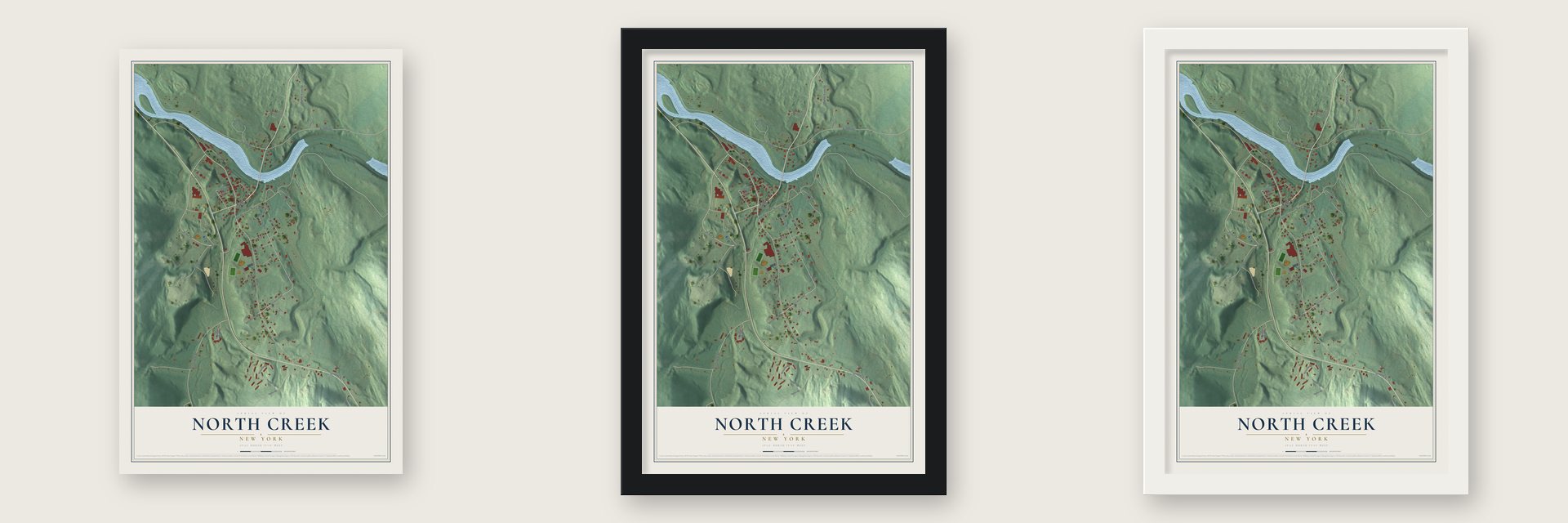 North Creek, New York map unframed, in a black wood frame and in a white wood frame