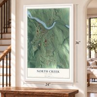 North Creek, New York map, 24 x 36 inch print in a white frame by a staircase