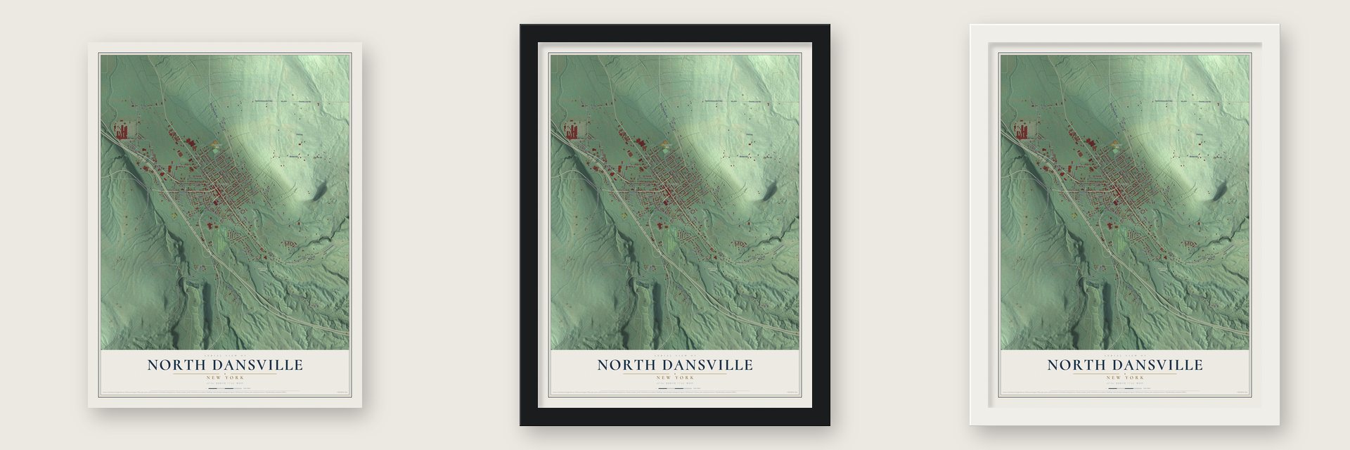 North Dansville, New York map unframed, in a black wood frame and in a white wood frame