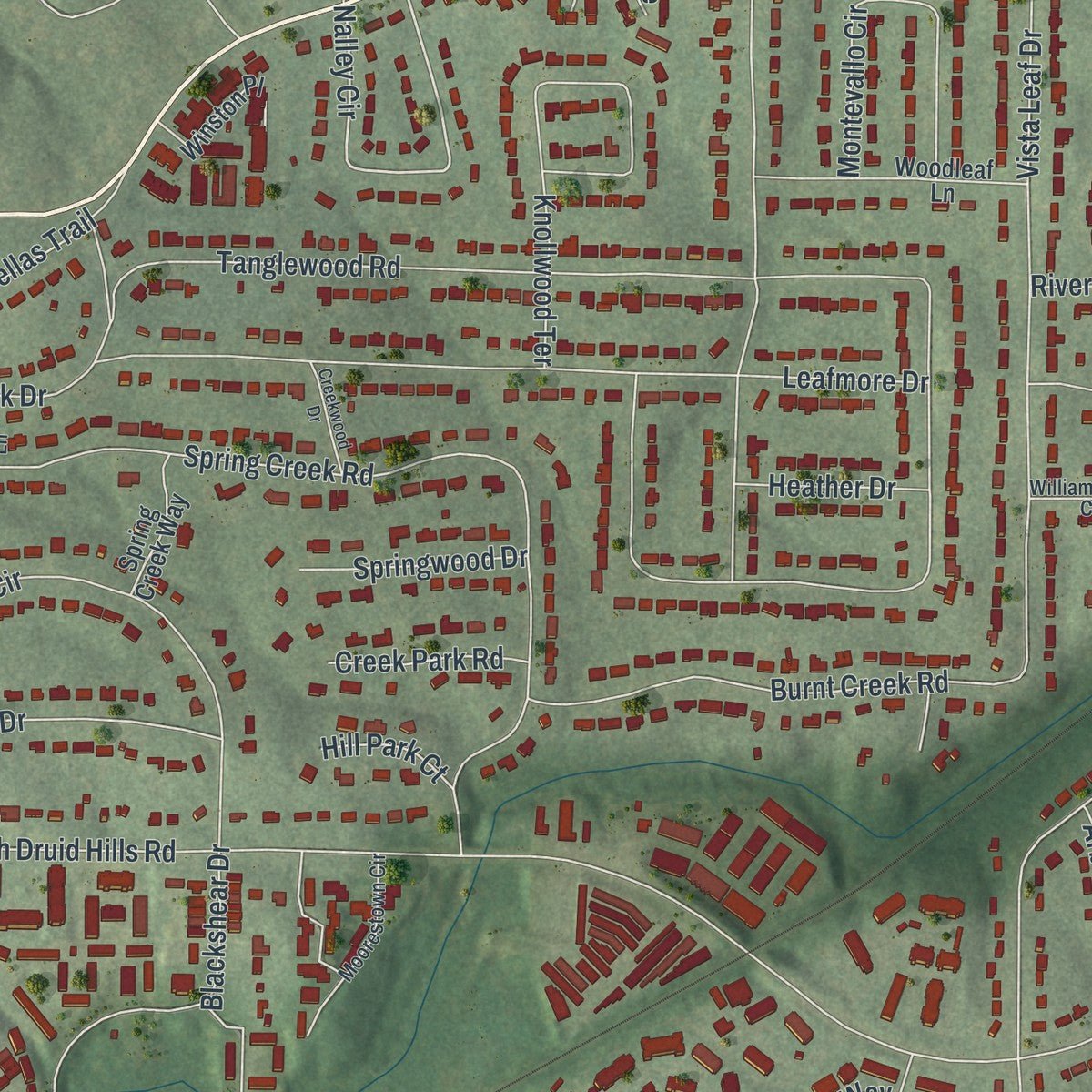 Second close-up of the map of North Decatur, Georgia print showing more streets and buildings