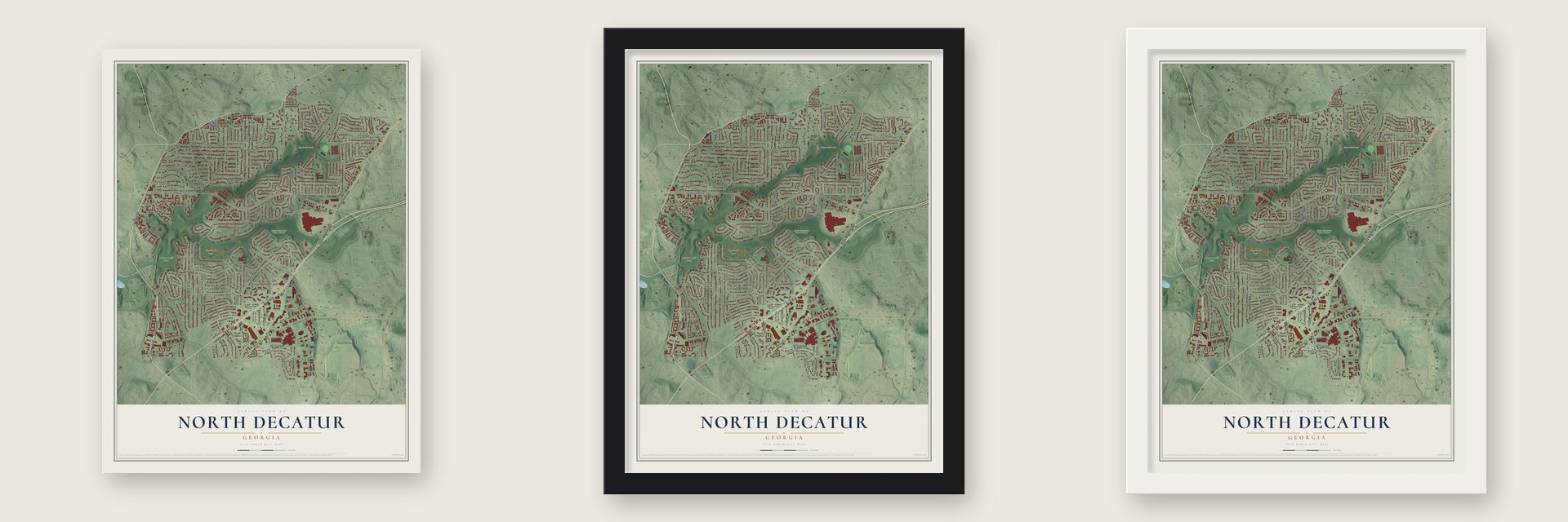 North Decatur, Georgia map unframed, in a black wood frame and in a white wood frame