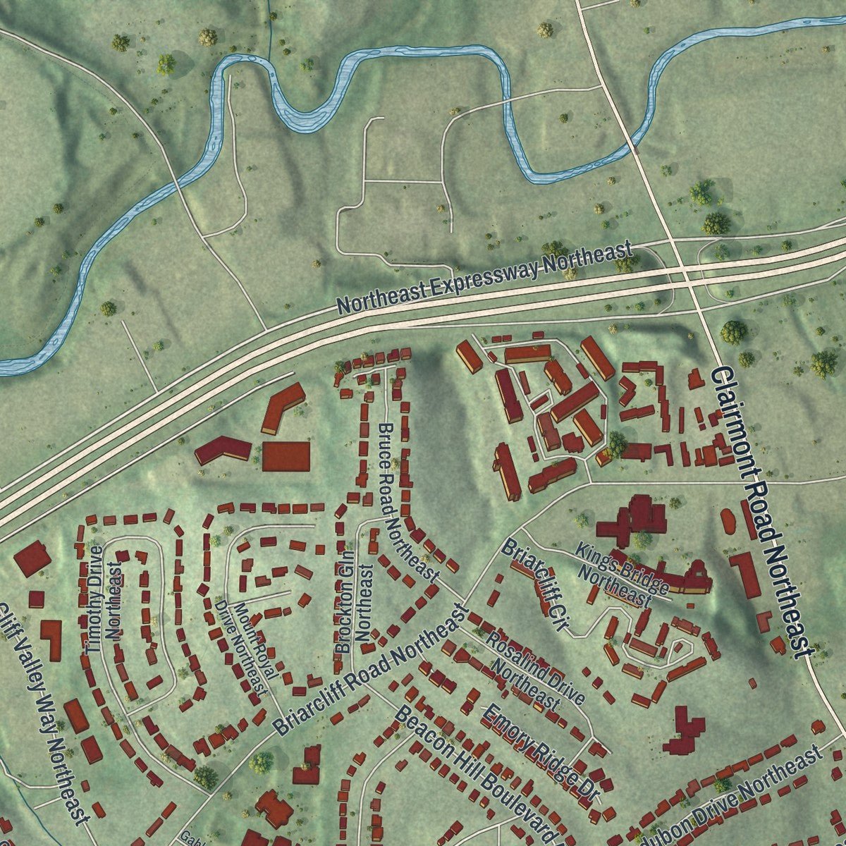 Second close-up of the map of North Druid Hills, Georgia print showing more streets and buildings