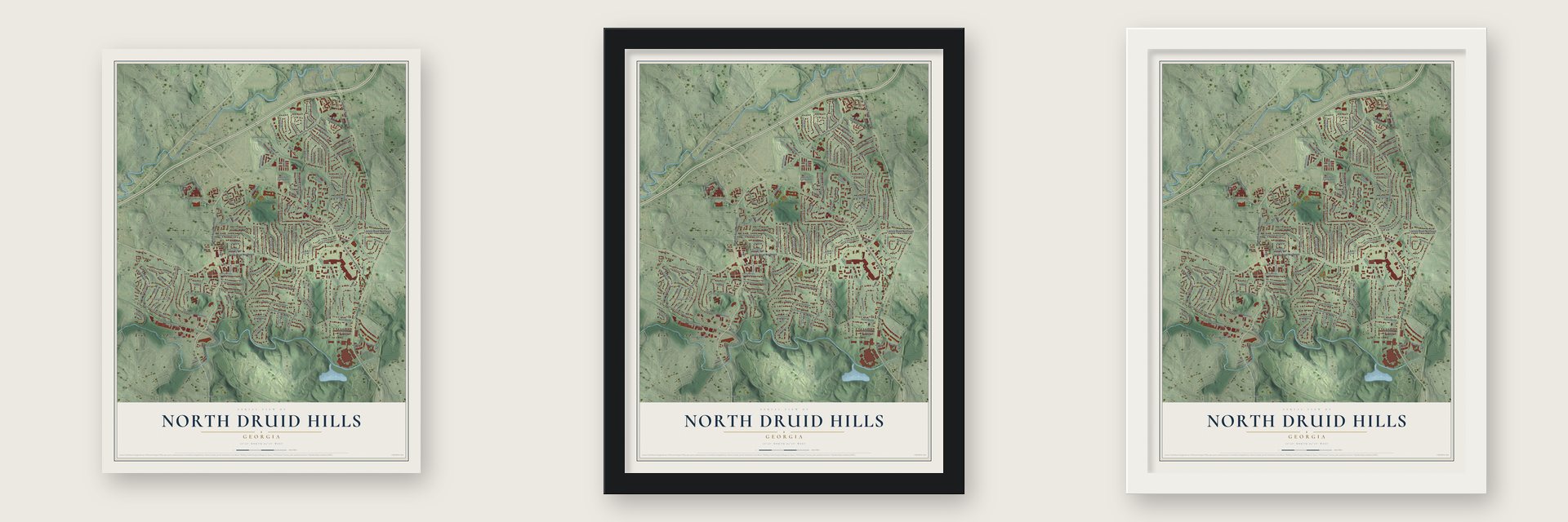 North Druid Hills, Georgia map unframed, in a black wood frame and in a white wood frame