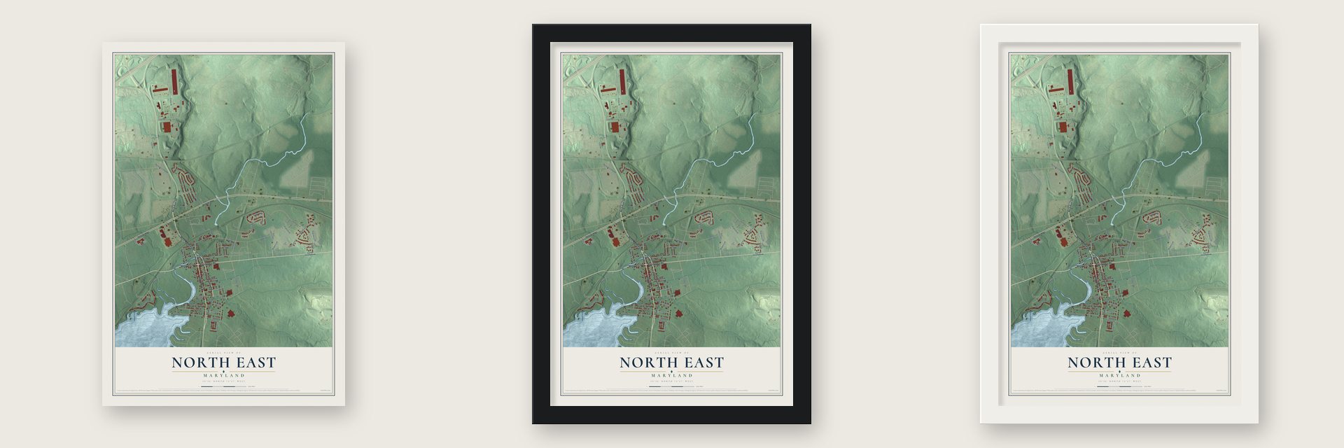 North East, Maryland map unframed, in a black wood frame and in a white wood frame