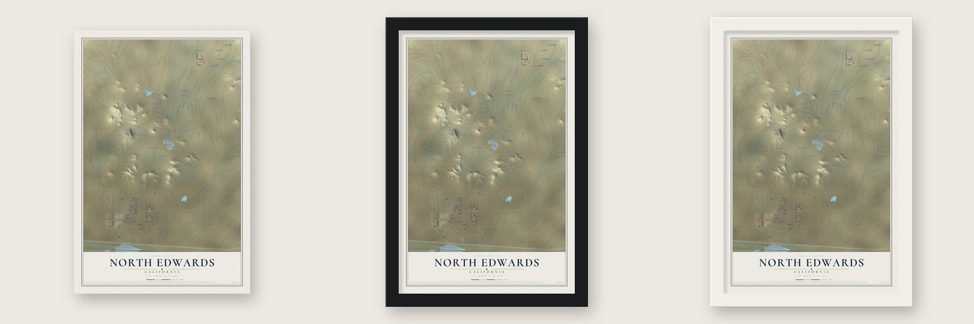 North Edwards, California map unframed, in a black wood frame and in a white wood frame