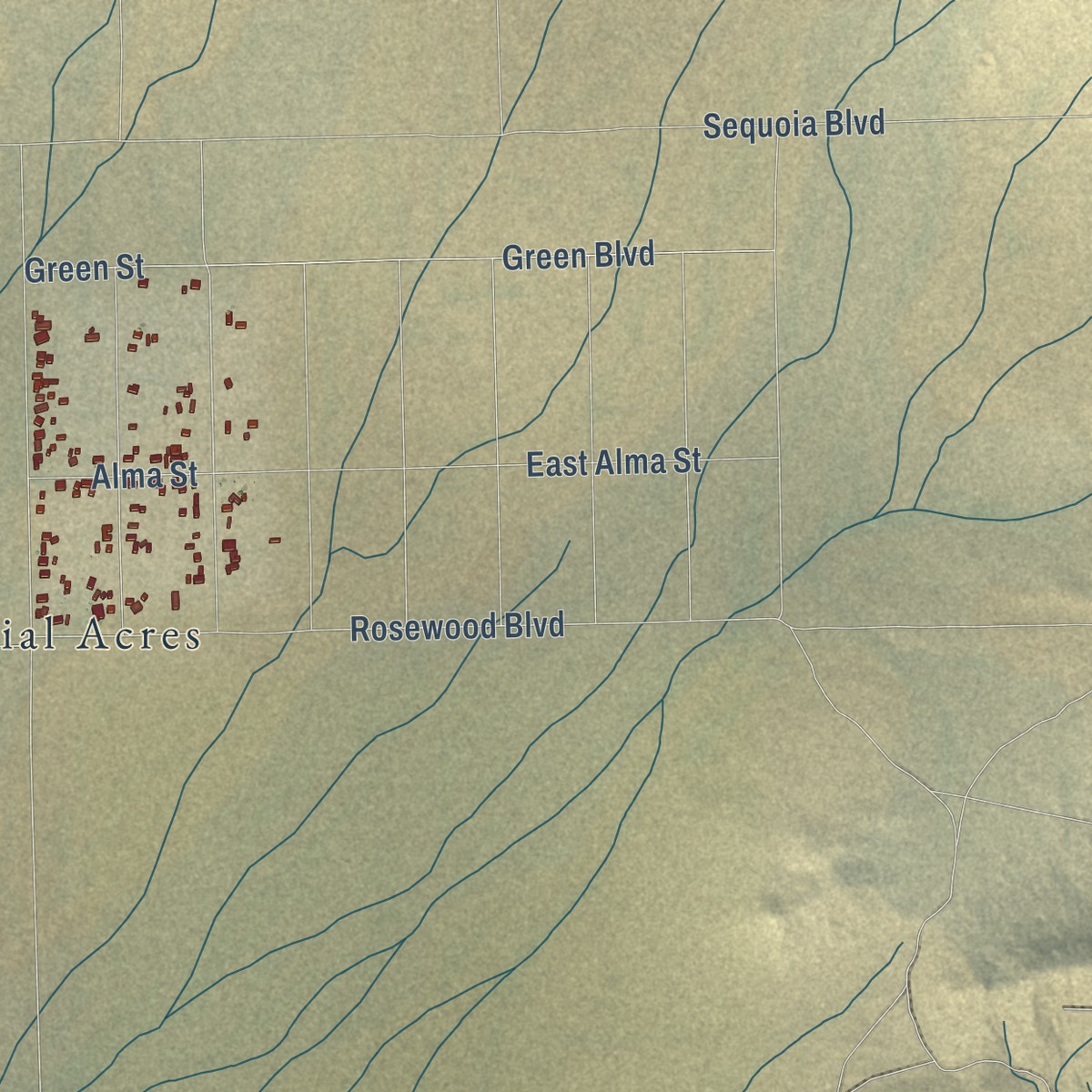 Second close-up of the map of North Edwards, California print showing more streets and buildings