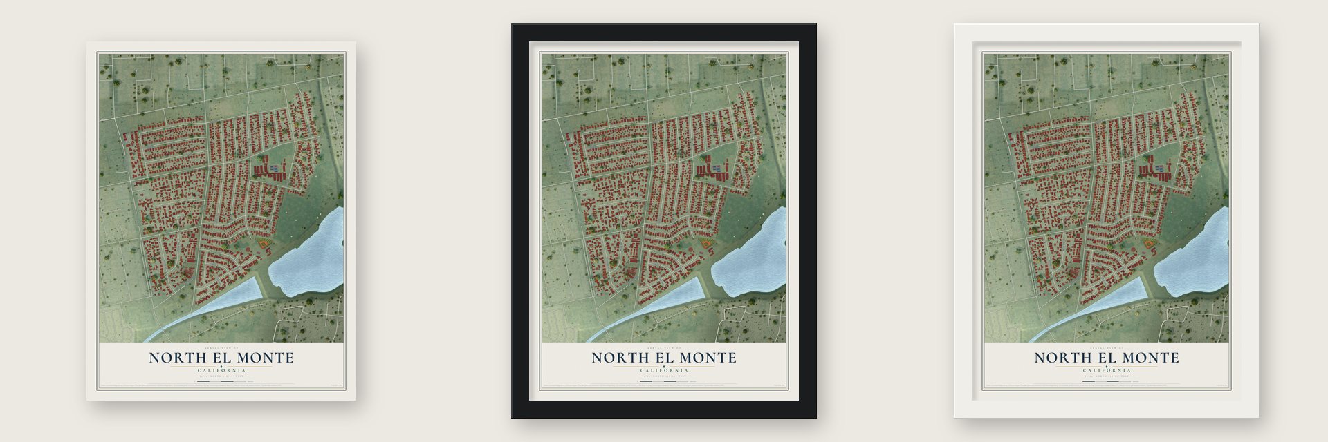 North El Monte, California map unframed, in a black wood frame and in a white wood frame