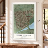 North El Monte, California map, 24 x 36 inch print in a white frame by a staircase