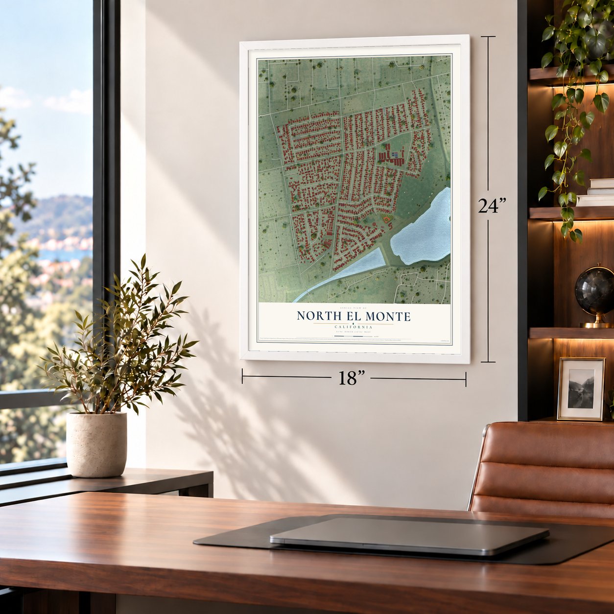 North El Monte, California map, 18 x 24 inch print in a white frame in a home office