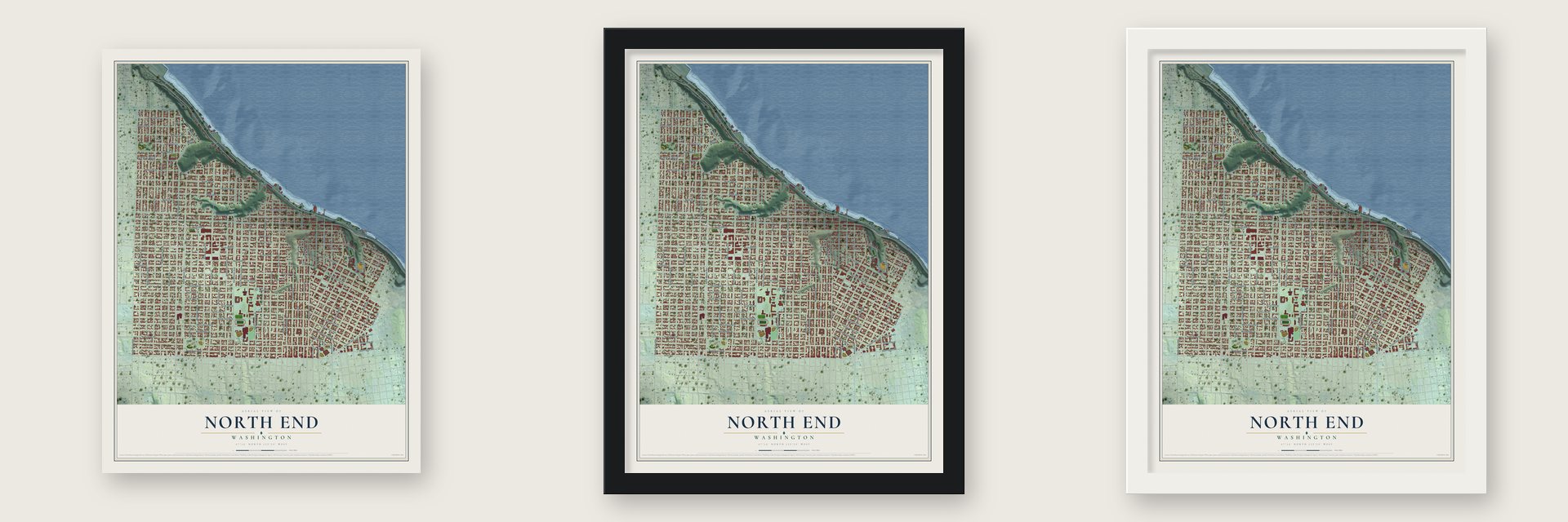 North End, Washington map unframed, in a black wood frame and in a white wood frame