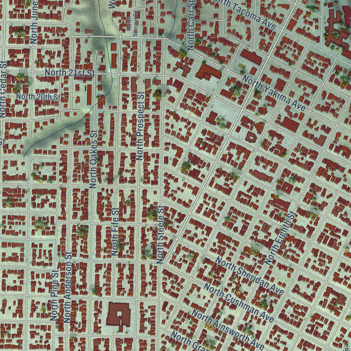 Second close-up of the map of North End, Washington print showing more streets and buildings