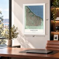 North End, Washington map, 18 x 24 inch print in a white frame in a home office