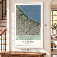 North End, Washington map, 24 x 36 inch print in a white frame by a staircase