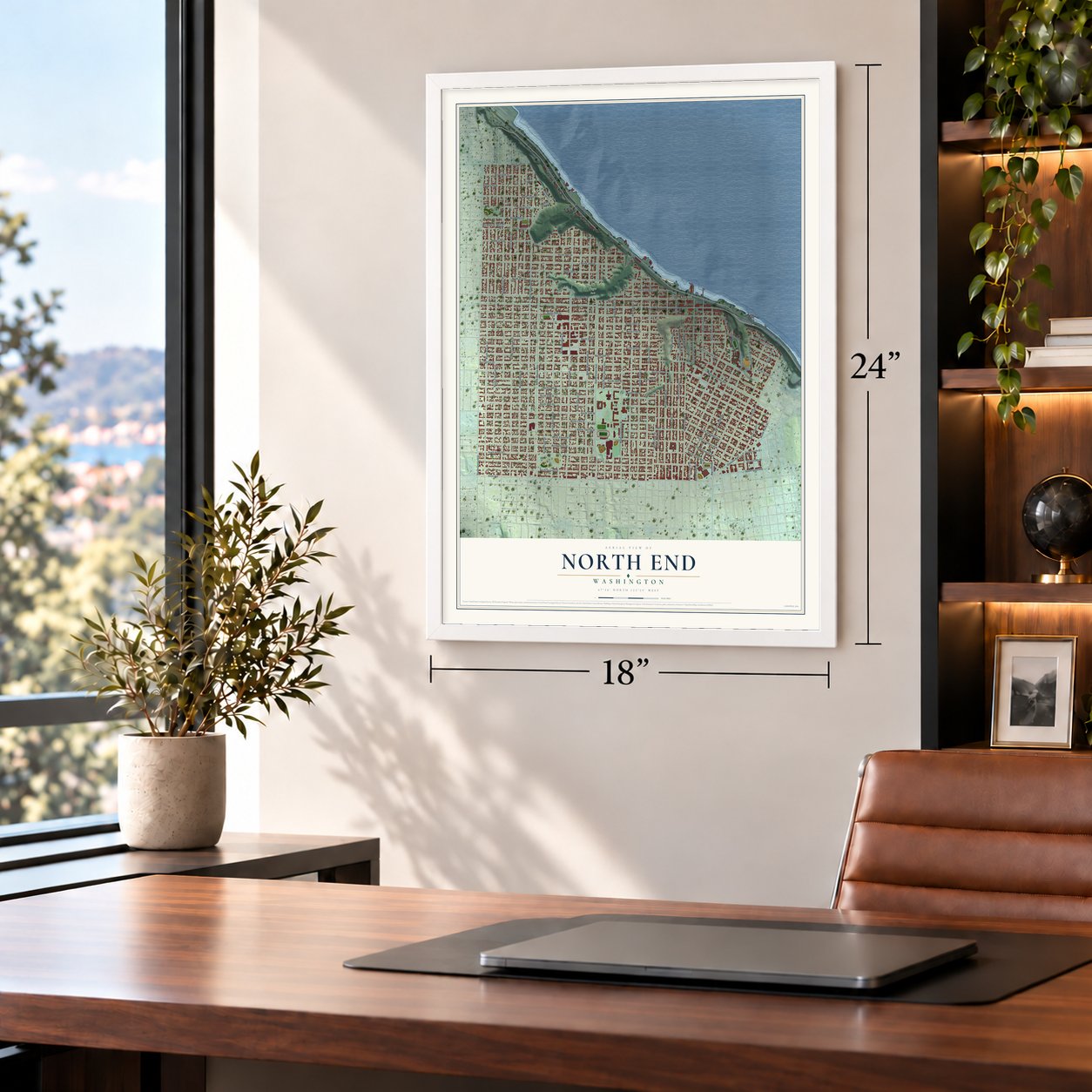 North End, Washington map, 18 x 24 inch print in a white frame in a home office