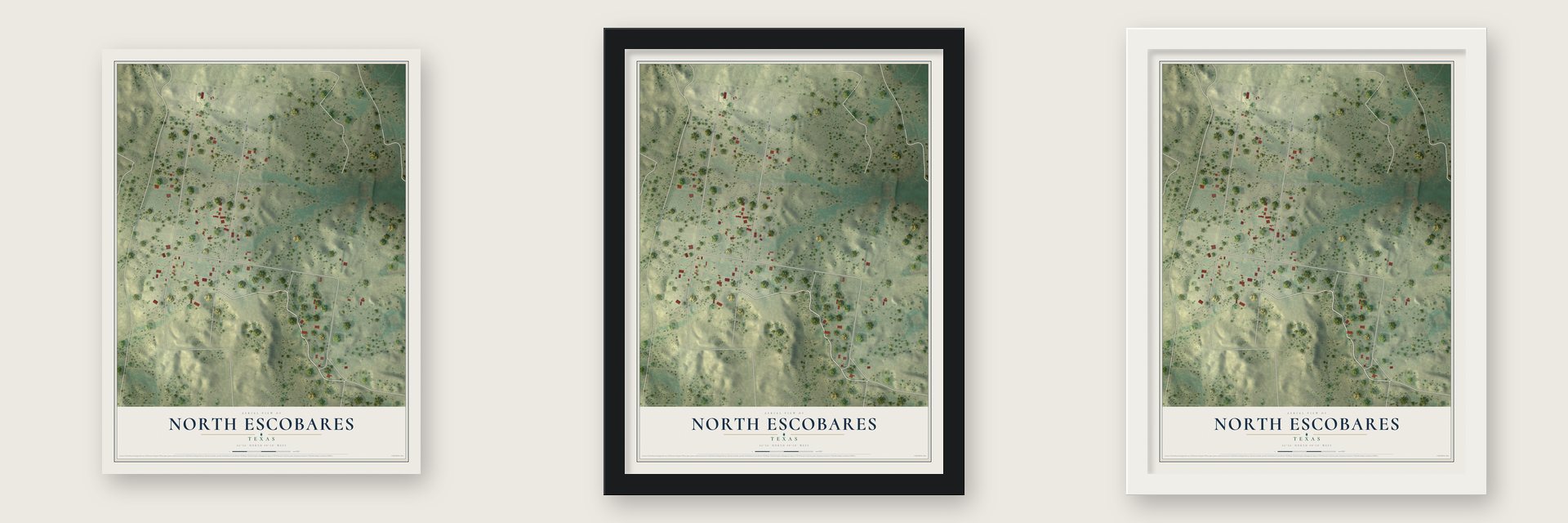 North Escobares, Texas map unframed, in a black wood frame and in a white wood frame