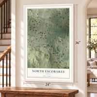 North Escobares, Texas map, 24 x 36 inch print in a white frame by a staircase