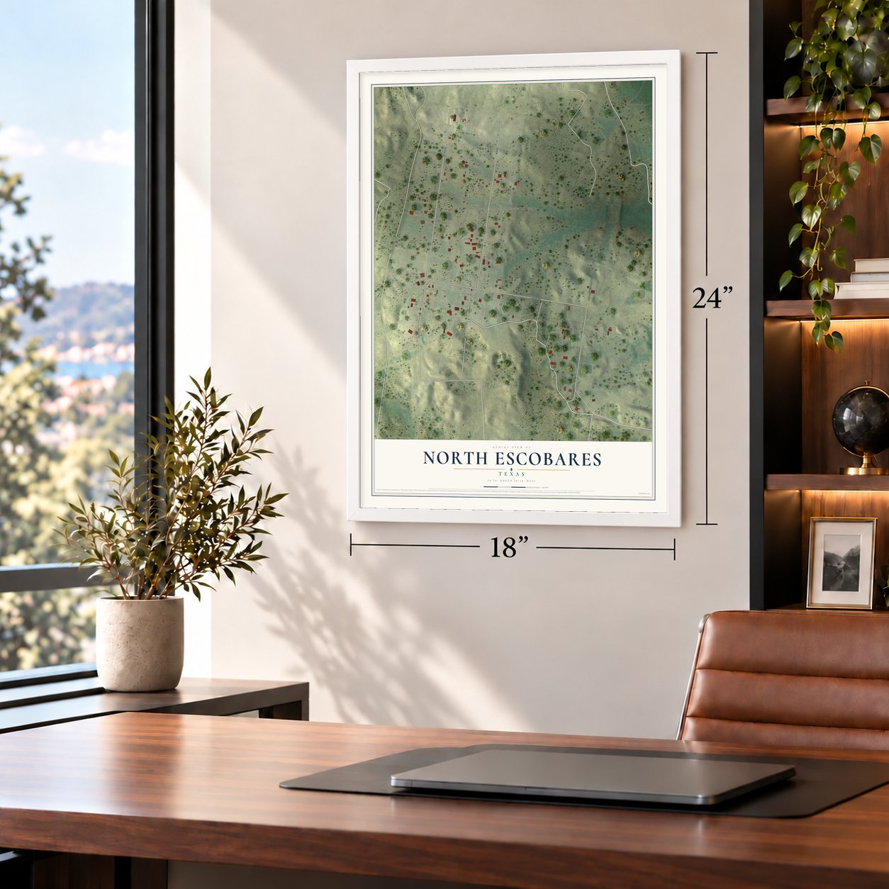North Escobares, Texas map, 18 x 24 inch print in a white frame in a home office