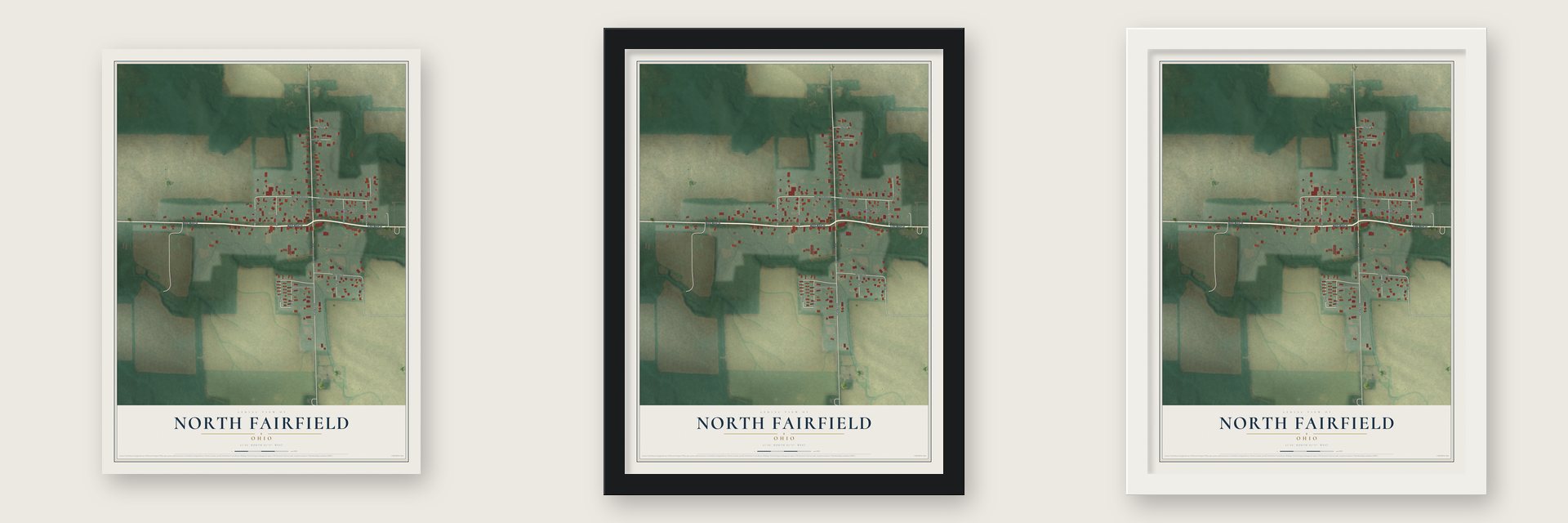 North Fairfield, Ohio map unframed, in a black wood frame and in a white wood frame