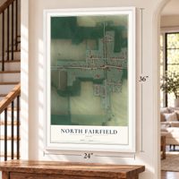 North Fairfield, Ohio map, 24 x 36 inch print in a white frame by a staircase