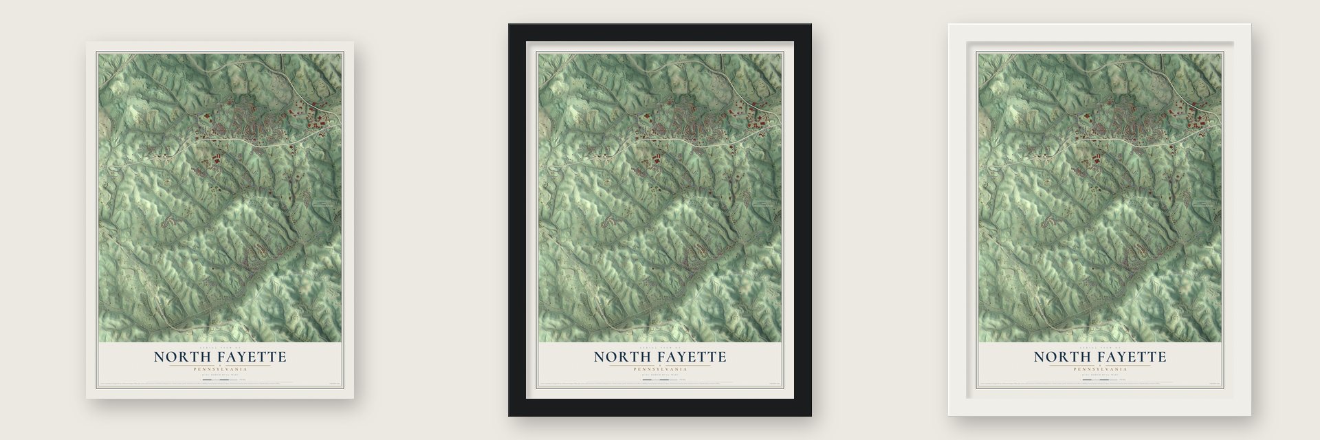 North Fayette, Pennsylvania map unframed, in a black wood frame and in a white wood frame