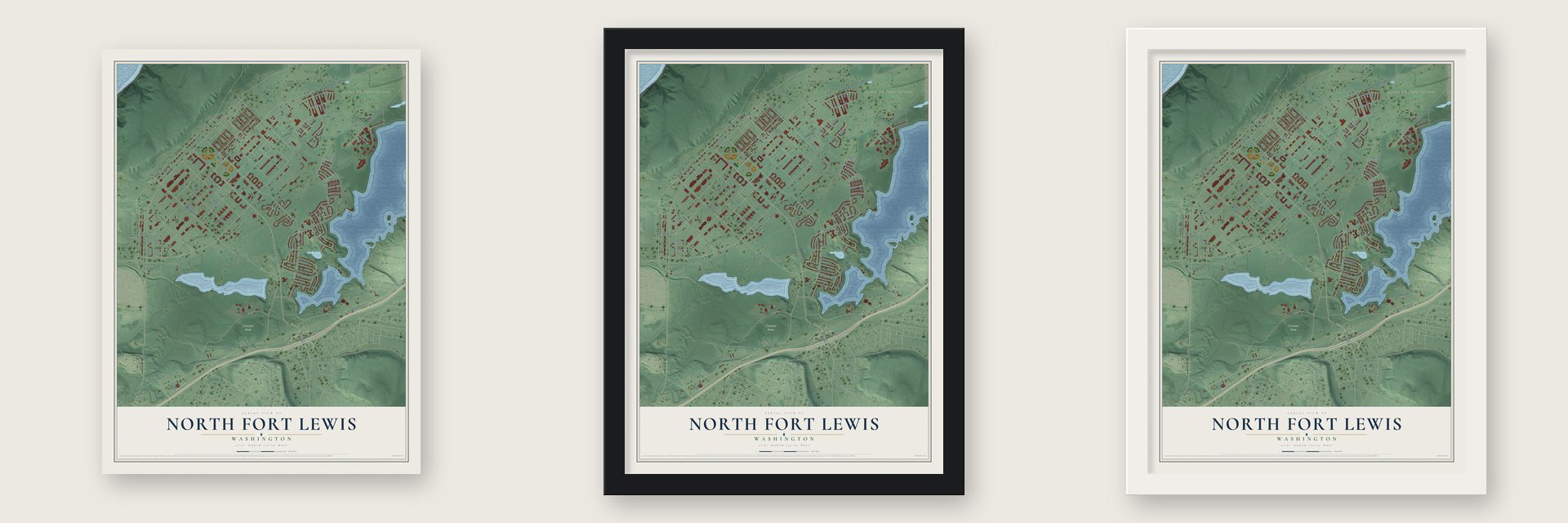 North Fort Lewis, Washington map unframed, in a black wood frame and in a white wood frame