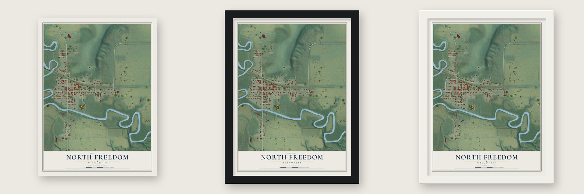 North Freedom, Wisconsin map unframed, in a black wood frame and in a white wood frame