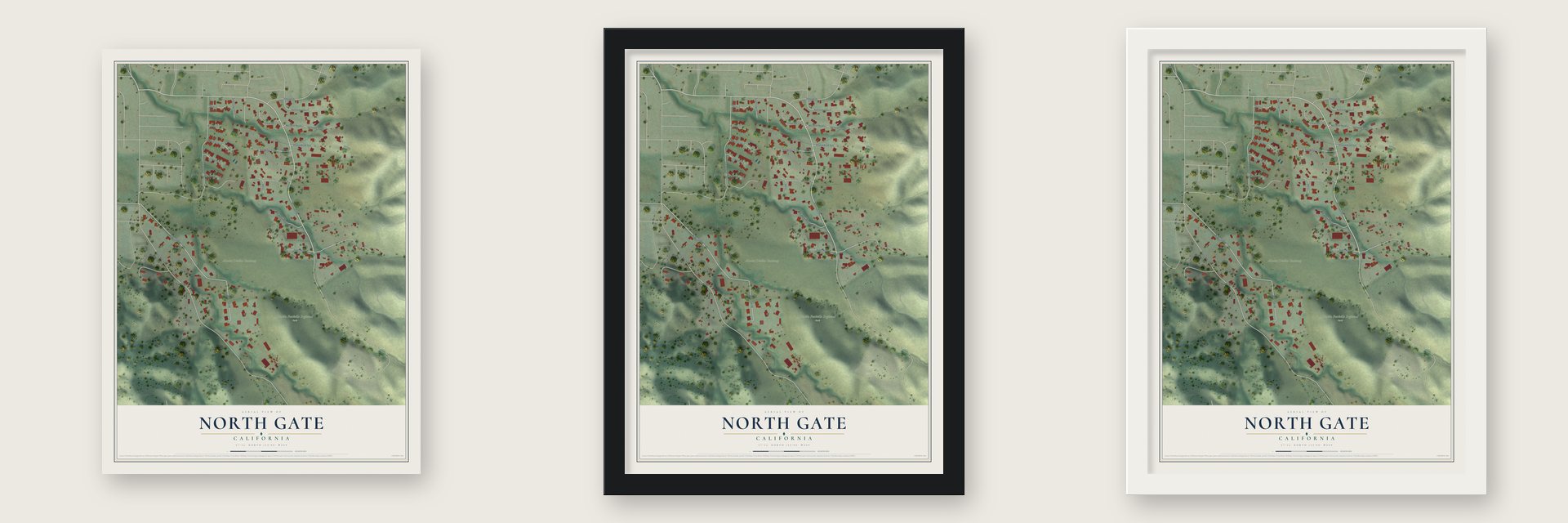 North Gate, California map unframed, in a black wood frame and in a white wood frame
