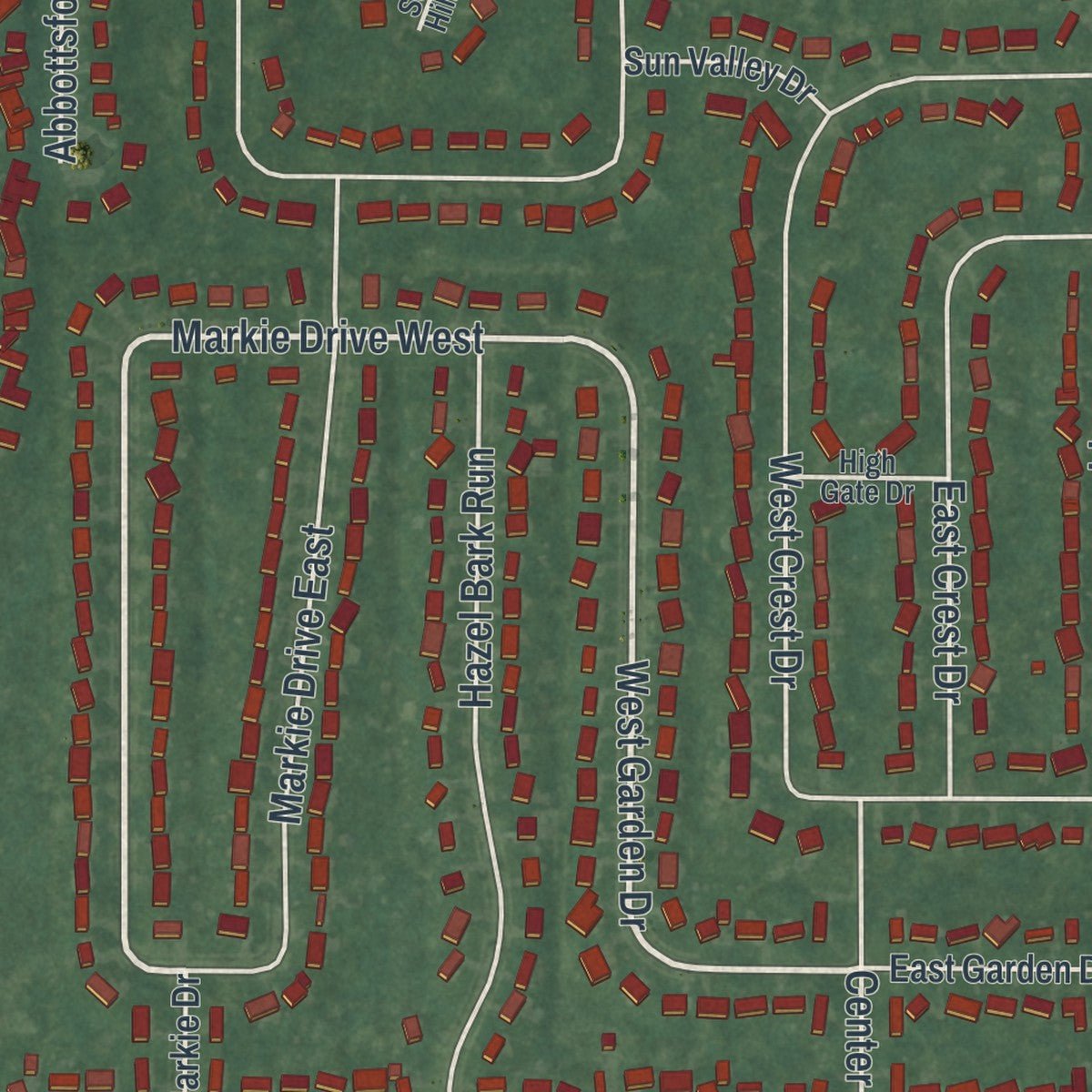 Second close-up of the map of North Gates, New York print showing more streets and buildings