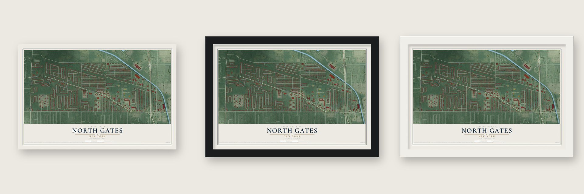 North Gates, New York map unframed, in a black wood frame and in a white wood frame