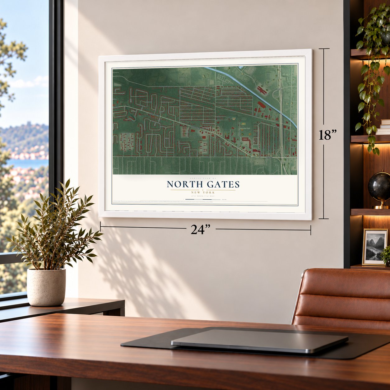North Gates, New York map, 18 x 24 inch print in a white frame in a home office